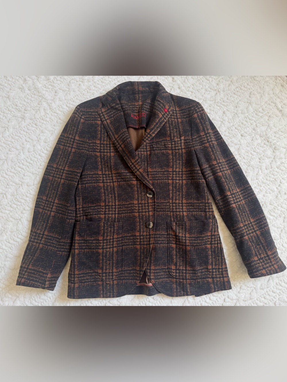 Manuel Ritz Brown Navy Plaid Sport Coat Blazer Italy Stretch Soft Touch 48